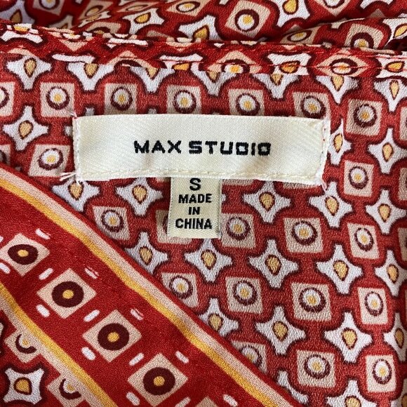 Max Studio Womens S Red Geometric Print 3/4 Balloon Sleeve Tie Front Peplum Hem - Picture 15 of 16